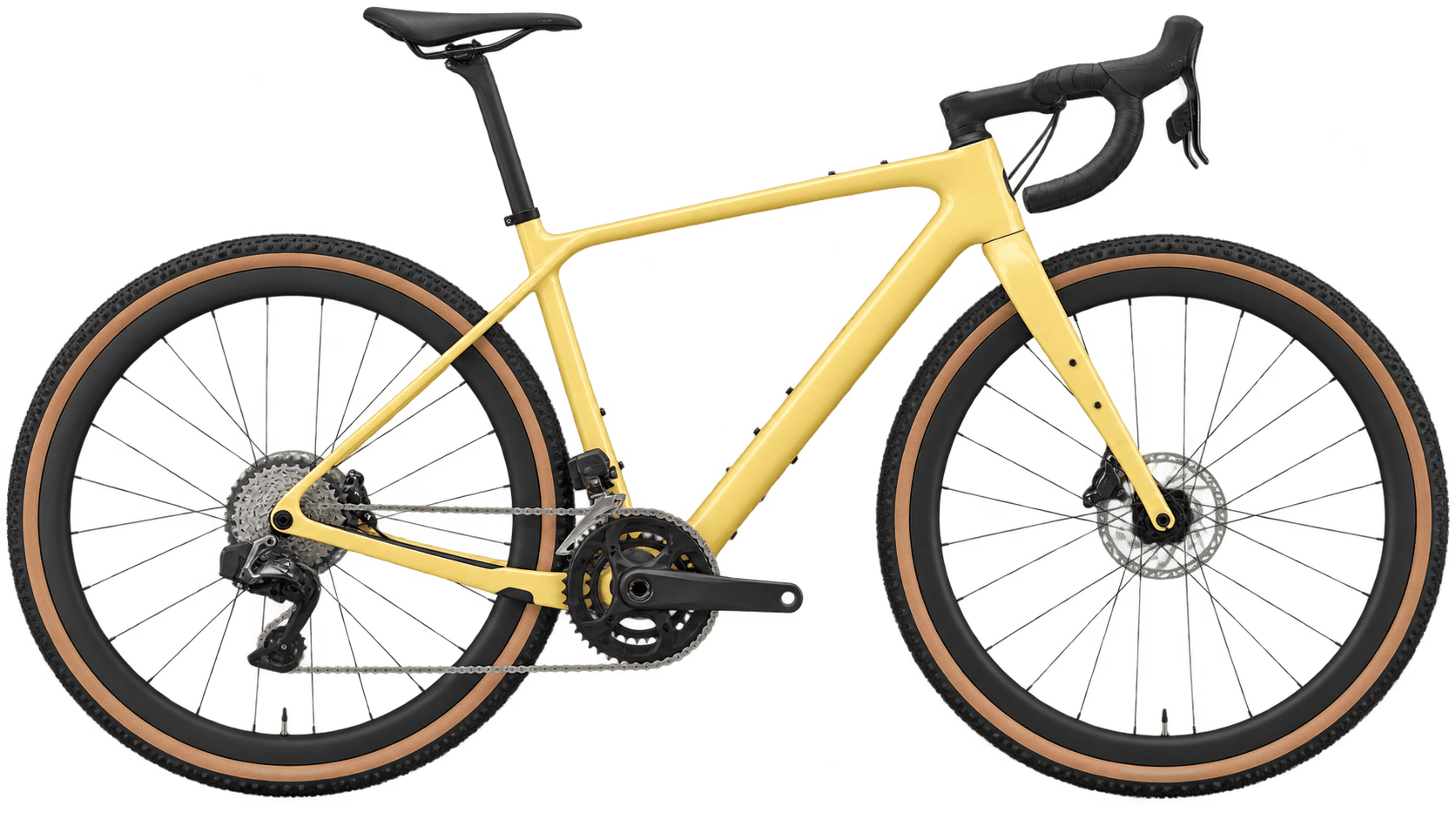 Gelbes Gravel-Bike mit Sponsorflächen